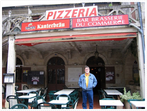 Mike in front of Pizza Parlor in Center Ville of Mezin, France Mike in front of Pizza Parlor in Center Ville of Mezin, France