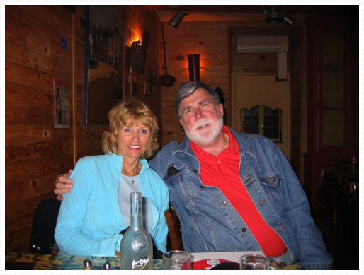 Betz and Mike in dining room of Pizza parlor in Mezin, France Betz and Mike in dining room of Pizza parlor in Mezin, France