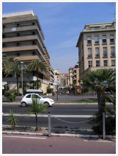 Side road in Nice, France looking from beach walk Side road in Nice, France looking from beach walk