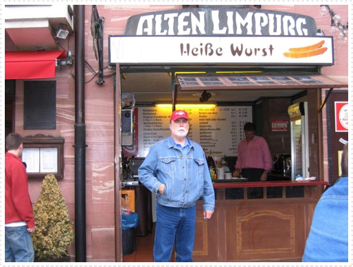 Mike in front of brockwurst shop in Romerberg Square, Frankfurt Am Main Mike in front of brockwurst shop in Romerberg Square, Frankfurt Am Main