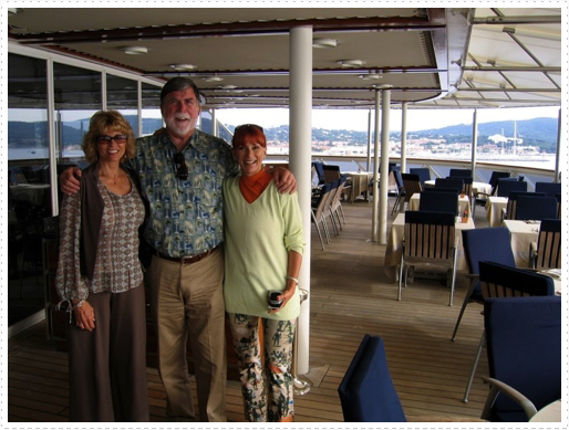 Betz, Mike & Karyn in restaurant on stern on The World cruise ship Betz, Mike & Karyn in restaurant on stern on The World cruise ship