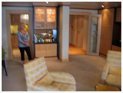 Linda Planett in living room of Karyn & Geoff's apartment on The World cruise ship Linda Planett in living room of Karyn & Geoff's apartment on The World cruise ship